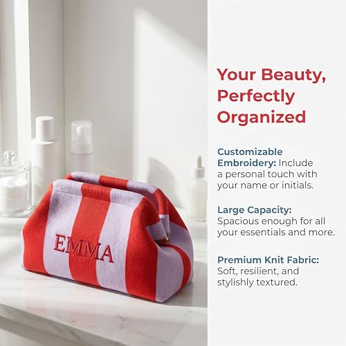 Personalized Striped Knit Makeup Bag - Large Capacity Toiletry Organizer