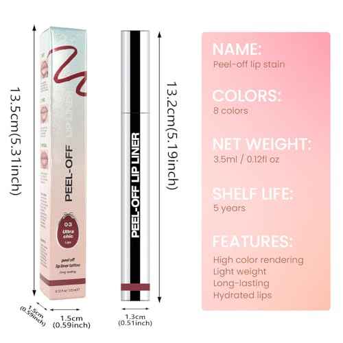 Matte Lip Stain Peel Off Lip liner with Tweezer, Brownish Red Peel Off Lip Stain, Long Lasting Waterproof Lipstick Lip Gloss Tattoo, Transfer-proof for All Skin Types, 0.12 fl oz 03#