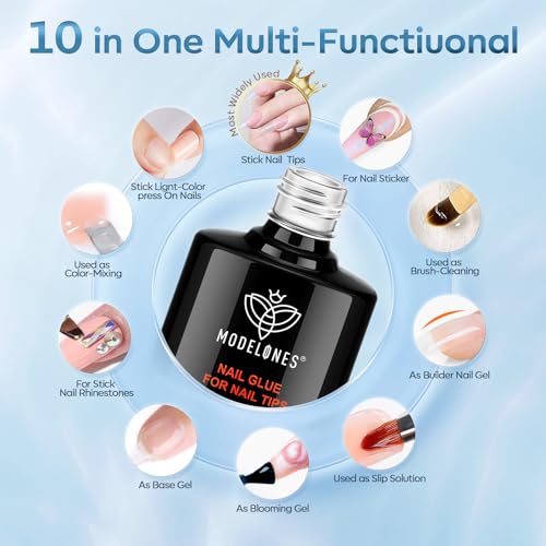 modelones 2pcs 15ml D-Clear Nail Gel Glue & Base Coat with Brush - Long Lasting