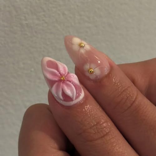 Medium Almond French Tip Press on Nails with 5D Flower Design - 24 Pcs