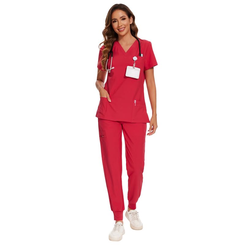 COZYFIT Scrubs for Women Set - Stretch V-Neck Scrub Top & Jogger Pant with 8 Pockets, Yoga Waistband, Anti Wrinkle, Slim Fit Women Scrubs - Rose Red, XS