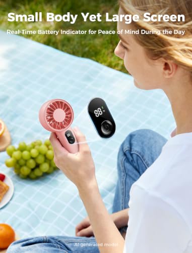 Aecooly Pink Portable Handheld Fan with Digital Display, USB Rechargeable, 5-Speed