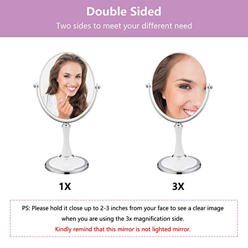 Tabletop Makeup Portable Two Sided 1X & 3X Magnifying Light-Weight Vanity Mirror with 360 Degree Swivel, ABS Plastic, White