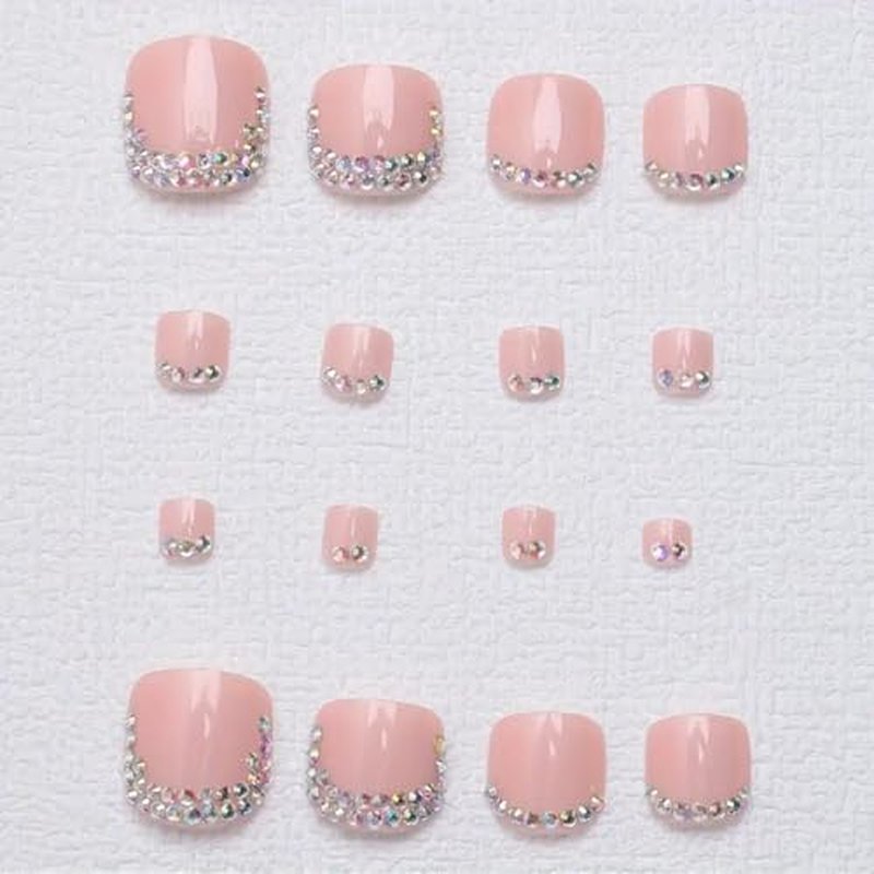 Pink Press On Toenails 24Pcs French Tip Acrylic Kit