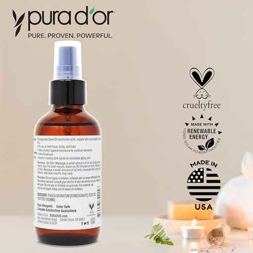 PURA D'OR 4 Oz ORGANIC Pomegranate Oil - 100% Pure USDA Certified Premium Grade, Cold Pressed Body Oil - Rich in Antioxidants - Face and Skin - Hair Moisturizer For Men and Women