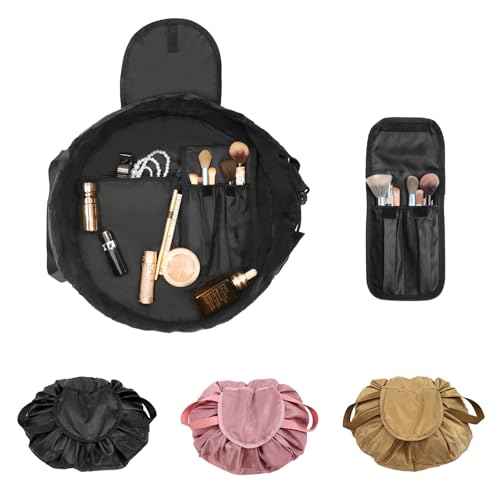 Drawstring Makeup Bag Open Flat ? Barrel Drawstring Cosmetic Bag for Women Toiletry Bag for Travel with Brush Bag (Black)