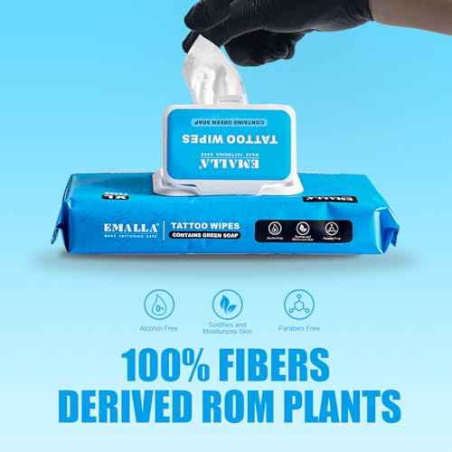 Emalla Green Soap Tattoo Wipes, 100 Count L All in One Premium Cleaning Wipes to Clean Skin During Tattooing and Aftercare 7.87"x5.9" Natural Formula Tattoo Supplies (5 Pack)