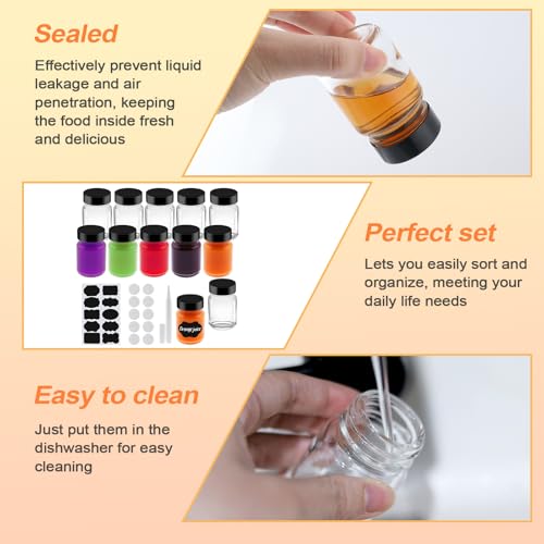20 Pack 2 oz Glass Shot Bottles Wide Mouth Wellness Shot Glass Bottles with Black Lids & Labels and Pen for Juice,Ginger,Leakproof Travel Wide Mouth Mini Clear Jars Dishwasher Safe (20)