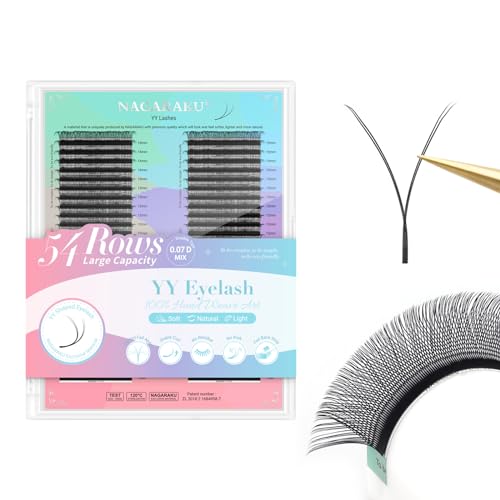NAGARAKU YY Eyelash Extensions High Capacity 54 Rows 0.07 D Curl 7-15mm Mix Length Supplies Y Lash 4D Russian Volume Cross YY Eyelashes Handwoven Y Shaped Mesh Technology Wispy Cluster Matte Black