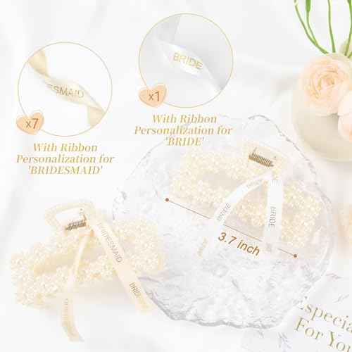 DEEKA Bridesmaid Gifts Set of 8 Bridesmaid Proposal Gift Pearl Bride Hair Clips with Ribbon Large Hair Clips Bachelorette Party Favors Bridal Party Present Gifts (Rectangle White&Champagne)