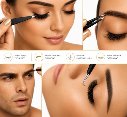 Black 4-Piece Stainless Steel Tweezers Set for Eyebrows & Facial Hair Removal