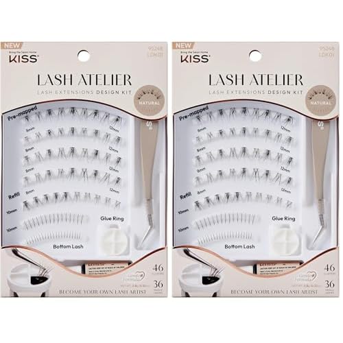 KISS Lash Atelier Professional Lash Extension Kit, ¡®Natural¡¯, Pre-Mapped False Eyelashes, 46 Lash Clusters & 36 Individual Lashes, Last For Up To 7 Days, Glue Ring, Applicator (Pack of 2)