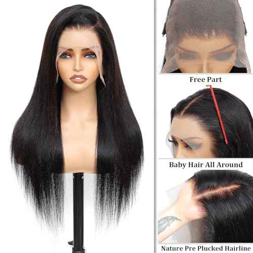 Straight Human Hair Wig 30 Inch Lace Front Wigs Human Hair 200 Density 13x6 HD Straight Lace Front Wigs Human Hair Pre Plucked Glueless Lace Frontal Wigs for Women Natural Black