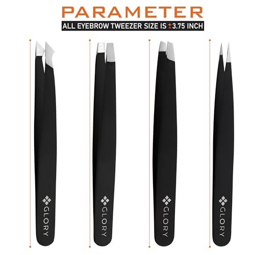 Glory 4-Pcs Precision Eyebrow Tweezers Set Professional Stainless Steel Brow Tweezers for Eyebrows, Ingrown Hair, Facial Hair, Chin Hair & Splinters with American-Inspired Design