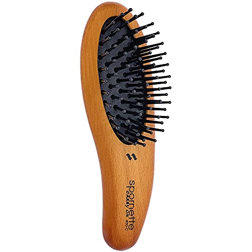 Spornette Carry On Wooden Handle Oval Cushion Mini Hair Brush #30-C Travel Size Brush Fits in Purse or Carry-On Bag for Quick Brush Outs, Detangling, Styling, Smoothing Thick, Normal & Thin Hair