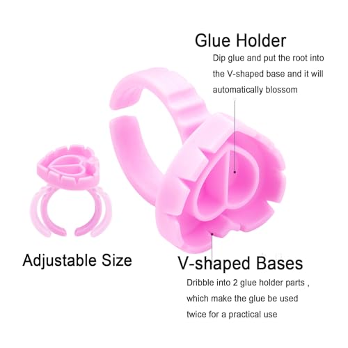 300PCS Disposable Glue Rings for Eyelash Extensions - Smart Holder Cups With Lovely Shape Lash Fan Blossom - Rose Red