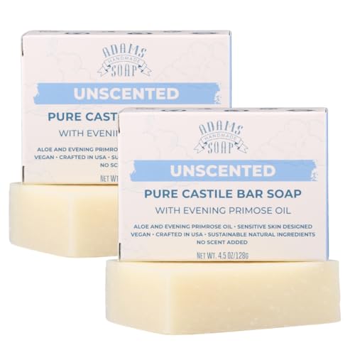 Adams Handmade Soap Unscented Pure Castile Bar Soap ? 4.5 oz | With Evening Primrose Oil | Vegan, Cold Process, 84% Organic, Fair Trade, No Fragrance, Sensitive Skin Safe, USA Made