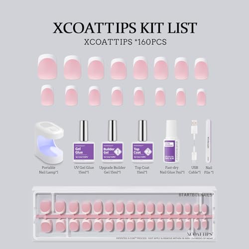 BTArtboxnails XCOATTIPS White French Tip Press On Nails, XS Squoval,