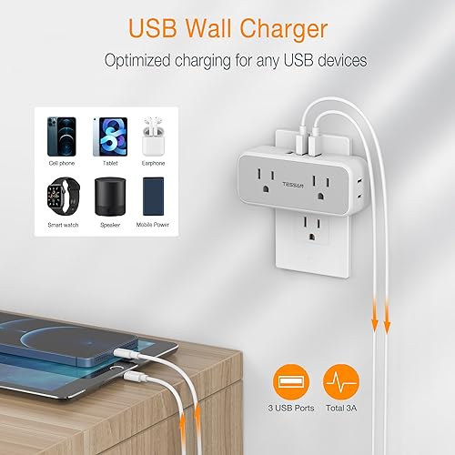 Surge Protector Outlet Extender, TESSAN Multi Plug Outlet Splitter with 4 Electrical Outlets 3 USB Ports, Multiple Plug Mini Wall Expander for Home Office Dorm Room Essentials