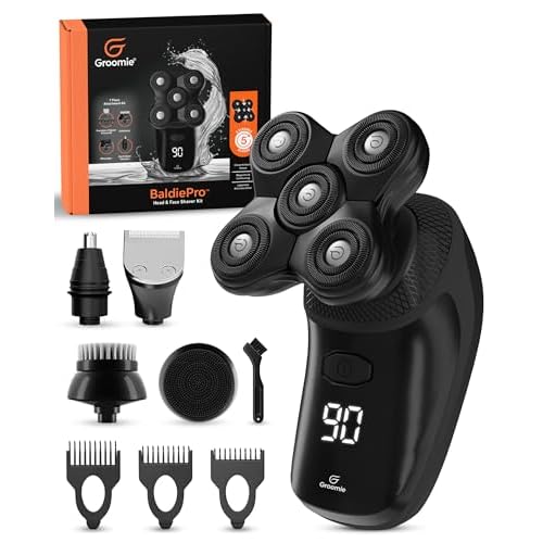 Groomie Cordless Bald Head Shavers for Men, BaldiePro Head Grooming Kit - Ergonomic & Waterproof Head Shavers for Bald Men - Electric Hair Shaver & Head Razor - Men's Rotary Shaver for Smooth Shave