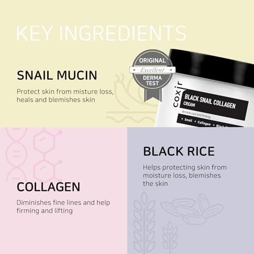 coxir BLACK SNAIL COLLAGEN CREAM l Black-3-Complex: Black Rice, Bean, Sesame, Snail Mucin, Collagen, Peptide l Repairing&Firming l Korean Skin Care [30ml/1.01 fl.oz]