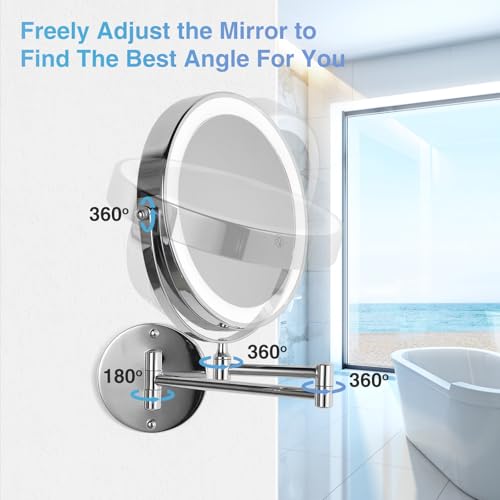 20X/1X Wall Mounted Lighted Makeup Mirror with Light, 8.5'' Double Sided Rechargeable Magnifying Bathroom Mirror, 3 Color Lights Touch Dimmable Extended Arm 360 Rotation Light up Magnification Mirrors