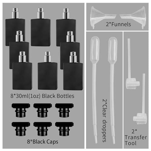 8 Pcs 30ml Perfume Bottles Empty Atomizer,Perfume Spray Bottle,Fine Mist Spray Bottles Composed of a Glass Bottle, a Black Acrylic Cap, And a Silver Sprayer (Black)