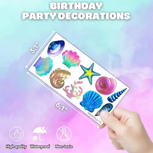 100 PCS Sea Shell Mermaid Birthday Party Decorations Favors Supplies Beach Ocean Seashells Decor Temporary Tattoos Stickers for Girls Boys Cute Gifts School Prizes Rewards