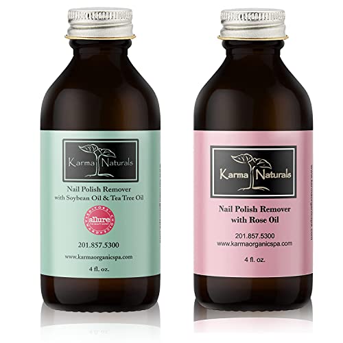 Karma Organic Nail Polish Remover Bundle - Natural Soybean Tea Tree Oil & Rose Oil Nail Polish Remover (4FL-OZ) with Cotton Ball