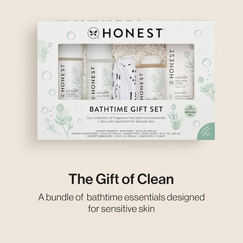 The Honest Company Fragrance-Free Bathtime Gift Set, Hypoallergenic, Bath Essentials for Sensitive Skin, Shampoo and Body Wash, Face Lotion, Bubble Bath, Conditioner, Wash Cloth