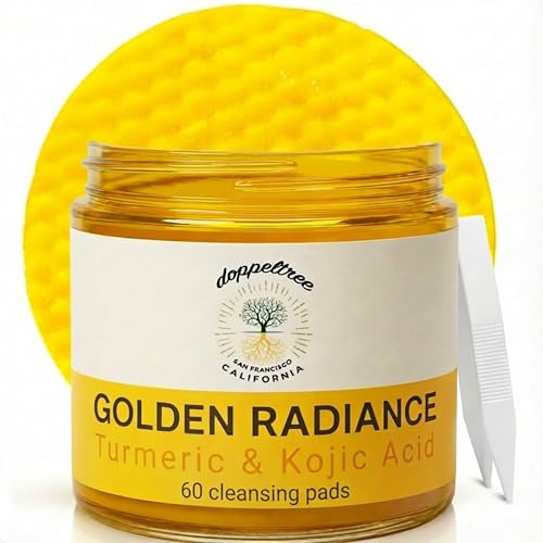 Doppeltree Turmeric & Kojic Acid Wash-Off Cleansing Pads (60 thick pads), Face Scrub Exfoliation Cleanser, Dark Spot Reduction, Brightening and Clarifying - Helps Improve Skin Tone and Glow