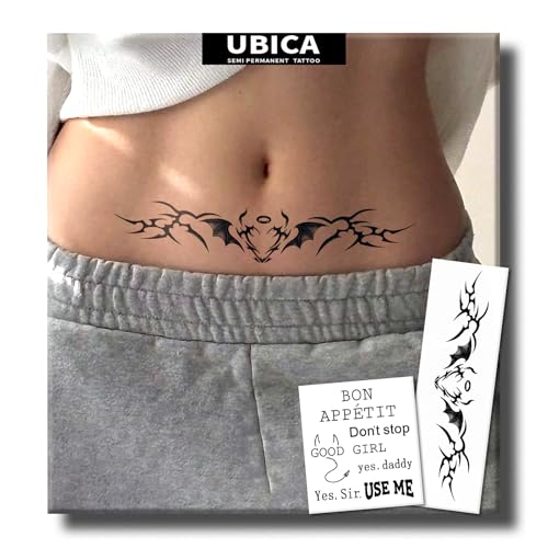 Tribal Tramp Stamp Semi Permanent Temporary Tattoos, Long Lasting Sexy Belly Chest Waist Thigh Arm Temporary Fake Tattoos for Women, Realistic, Waterproof and Non-Reflective, 2 Sheets
