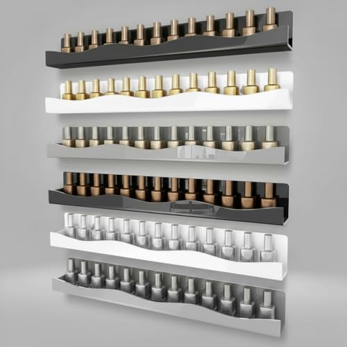 YMVV 3 Colors Nail Polish Wall Mounted Shelf,15 Inch White Gray Black Nail Polish Floating Shelves for 66-90 Bottles Multi-Purpose,Ideal Gift, Great Display for Salons Retailers,6 Pack