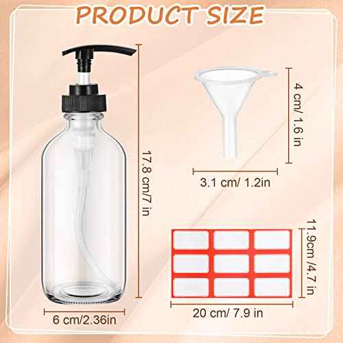 Tanlade 24 Pcs 8 oz Glass Pump Bottle Empty Bottle Glass Soap Dispenser with Pump Refillable Containers and Labels Funnels for Essential Oils Cleaning Products Lotions Conditioner(Clear)