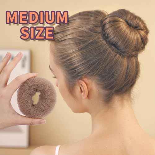 FANDAMEI Donut Bun Makers- 4PCS Extra Small 4 PCS Small Hair Bun Maker for Kids, Ballet Bun Donuts for Hair, with 5 Elastic Hair Ties and 40 Pins (Tan Brown)