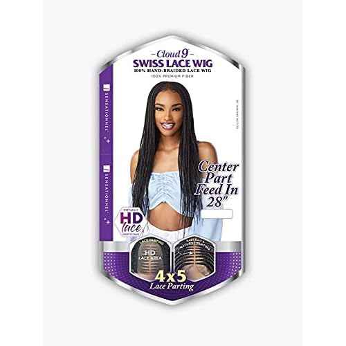 Sensationnel Cloud9 4X5 Braided Wig - Center Part Feed In 28 Inch Hand Tied Swiss Lace Braided Wig With Large Parting Area (1B OFFBLACK)