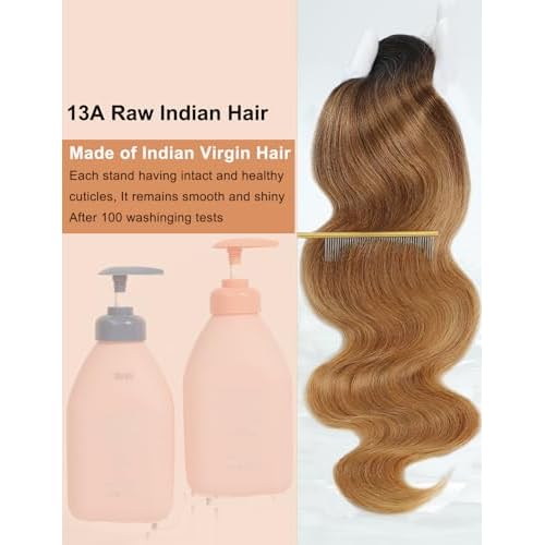 Ombre Bundles Human Hair, 13A Raw Indian Hair Bundles Body Wave, 14 Inch Colored Honey Blonde 1B27 Ombre Human Hair Bundles, 2 Years Service Life, Keep Texture Silky Soft Tangle-Free