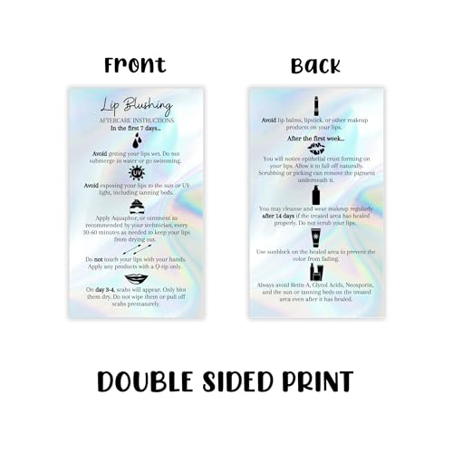 Lip Blush Aftercare Instructions Card | 50 Pack | 2x3.5" inches Business Card Size | Lip Glow Lip Blush PMU Lip Tint Lip Tattoo | Holographic Design