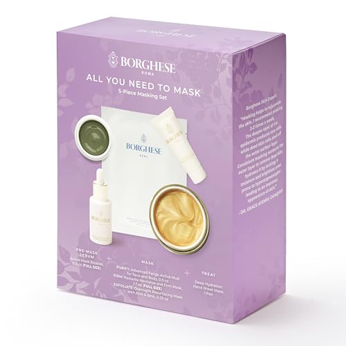 Borghese 5-Piece All You Need to Mask Gift Set - Includes Mask Booster Serum, Mud Mask, Firming Mask, AHA BHA Overnight Mask, & Hand Sheet Masks