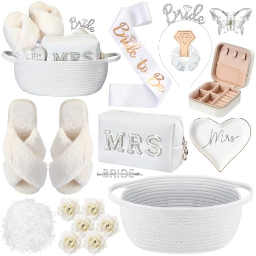 Baderke 17 Pcs Bride to Be Gift Basket for Bridal Shower, Bridal Box with Basket, Makeup Bag, Slippers, Headband, Sash, Mrs Ring Dish, Jewelry Box and More for Wedding Engagement Gift(White)