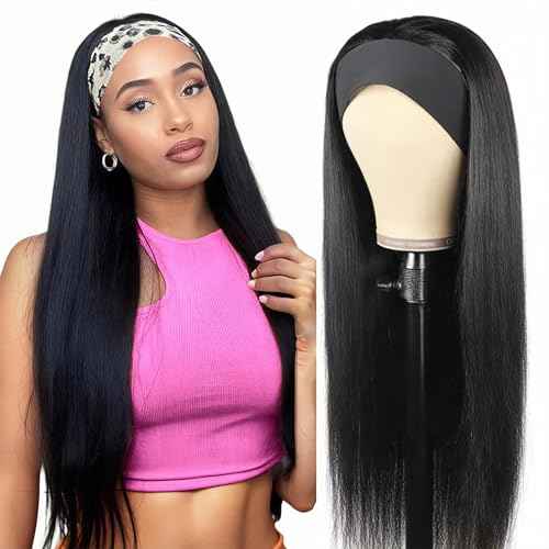 Headband Wig Straight Human Hair 20 inch Glueless None Lace Front Machine Made Virgin Human Hair Wigs for Black Women Straight Headband Wigs Human Hair Natural Color