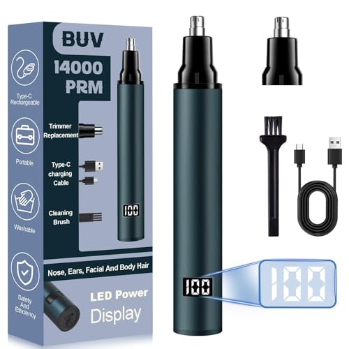 BUV Nose Hair Trimmer for Men with LED Display- 2026 Professional Painless Ear Hair Trimmers for Women, USB Rechargeable Nose Hair Trimmer Clipper ? 14,000 RPM IPX7 Waterproof Dual Edge Blades, Blue