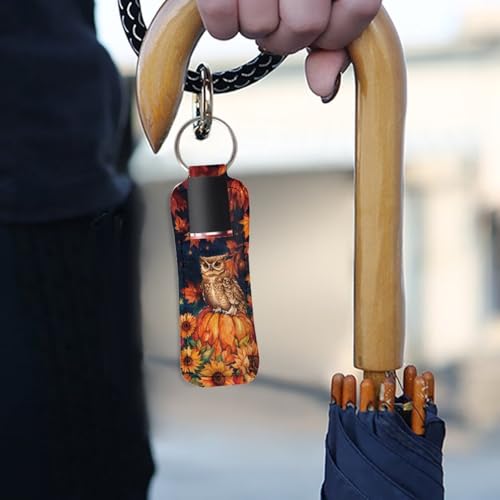 Maple Leaf Owl Chapstick Holder Keychain with Metal Ring
