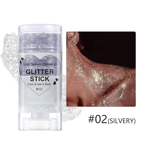 Silvery Body Glitter Stick, Glitter Hair Sticks for Women Sparkling Cheer Glitter Makeup Singer Concerts Disco Music Halloween Christmas, Holographic Chunky Sequins Face Glitter Gel Stick