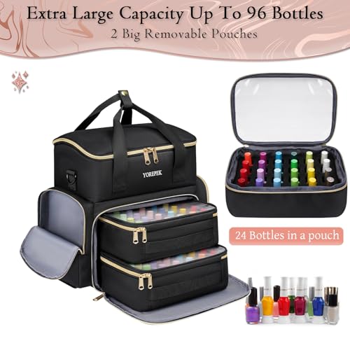 YOREPEK Black Nail Polish Organizer Bag Holds 48 Bottles with UV Lamp Compartment - Travel & Storage Case