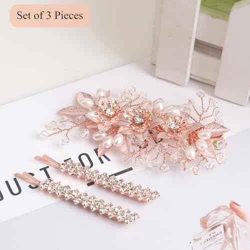 Wedding Hair Clips, Floral Rhinestone Pearl Hair Accessories for Bridal Women, Set of 3 (Rose Gold)
