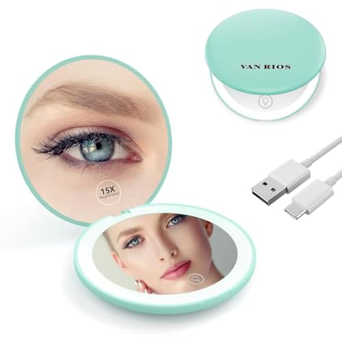 Rechargeable 15X Magnifying Pocket Mirror for Travel Makeup Compact 3.5 inch Round Folding Mirror with LED Light, Ideal Gift for Women and Rare Beauty(Cyan)