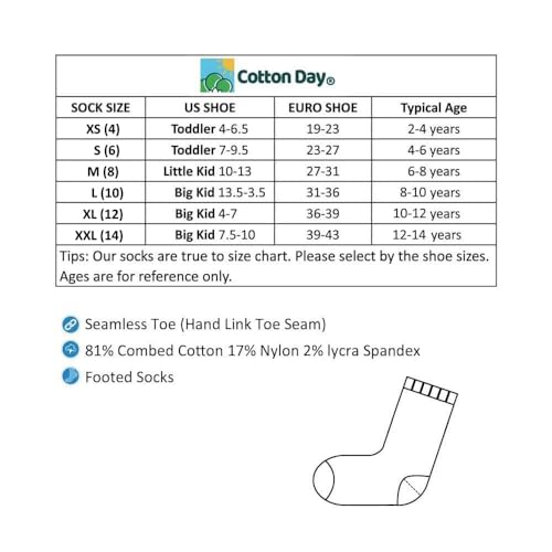 COTTON DAY Unisex Little Kids Youth Boys Girls Soft Cotton Crew Dress Socks Seamless Toe 6 Pack 4-6 years Plain Black S (6)