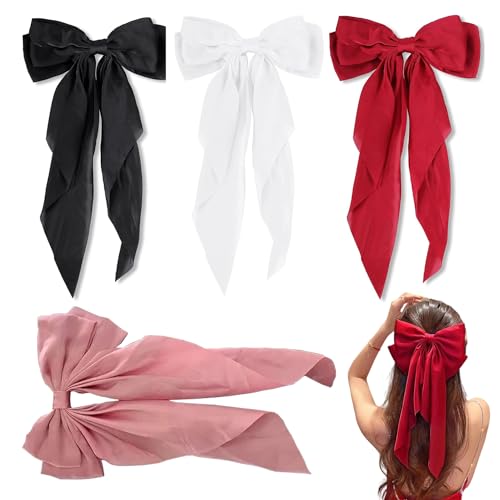 JINBUYAO 4pcs Bow Hair Clips for Women, Soft Long Tail Large Bow Hair Slides, Metal Spring Clip,Vintage Silk Elegant Hair Accessories,Red Bow Decorative Hair Clips