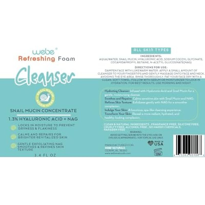 WEBE Refreshing Gentle Foam Cleanser | Snail Mucin, Hyaluronic Acid, N-Acetyl Glucosamine | Hydrating & Soothing Formula for Radiant, Moisturized Skin | Natural Skincare for all Skin Types